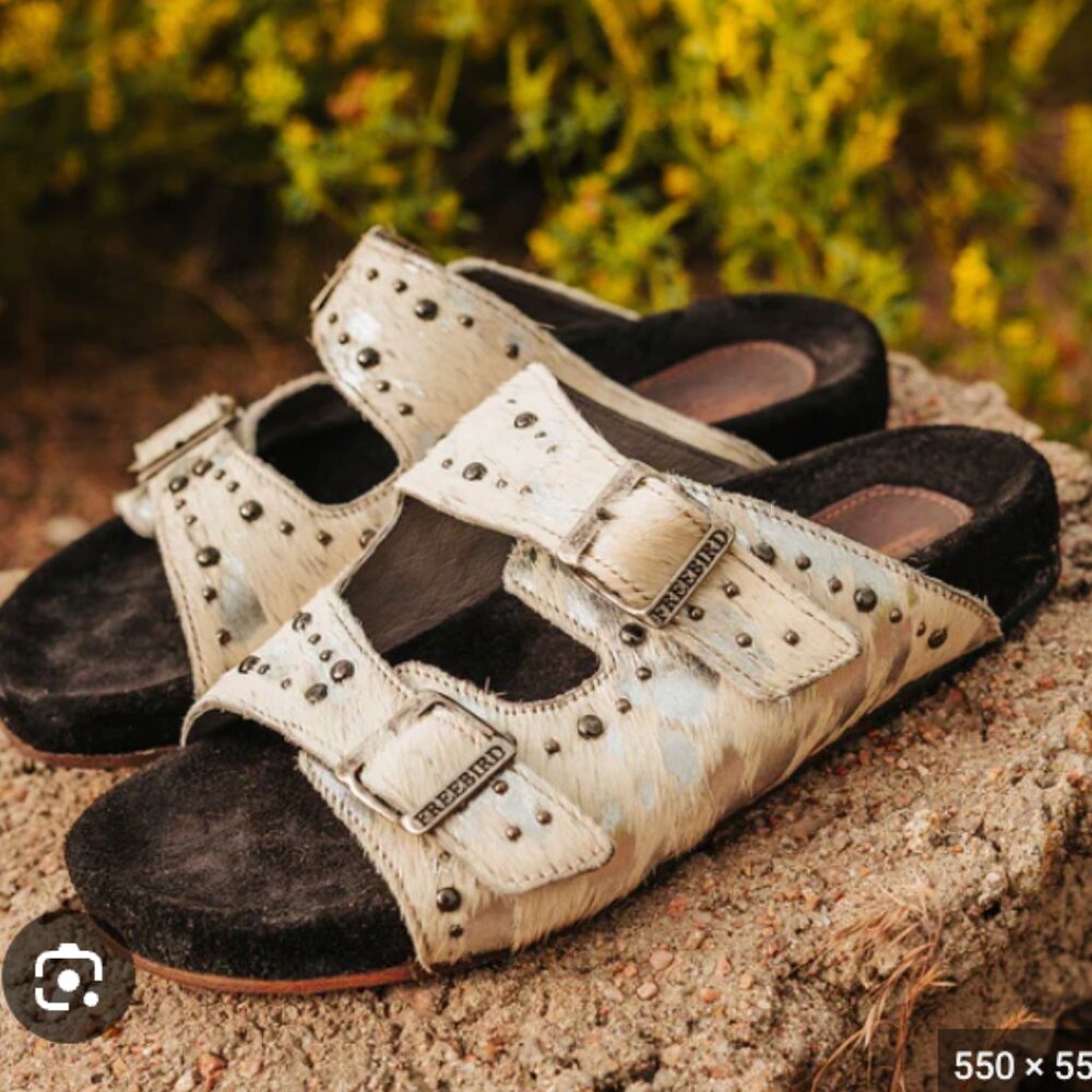 freebird Cowhide Studded Asher Slide Sandals in White/Silver & Black